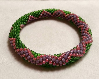 Pink and Purple Zigzag on Green Seed Bead Crochet Bangle - Ready to Ship