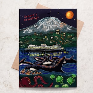 Season's Greetings Mount Rainier Seattle Ferry Orca Card