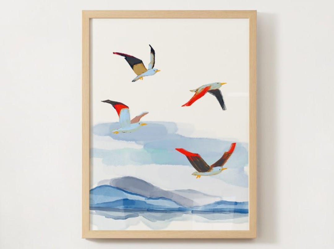 Minimalist Beach Seagulls Art Print, Modern Coastal Decor (digital ...