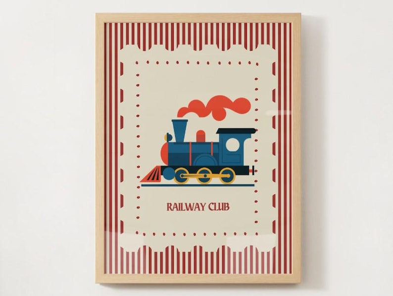 May include: Framed print featuring a blue train with red accents and orange smoke, set against a cream background. The print is bordered by a red and white striped design and includes the text "RAILWAY CLUB".