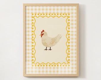 Hen Print: Yellow Gingham Farmhouse Decor for Kitchen or Nursery (JPG + PDF Download) Plaid