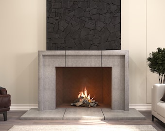 May include: A modern fireplace with a gray stone facade. The fireplace features a rectangular opening with a fire burning inside. Above the fireplace is a dark gray stone accent wall. The room has a neutral color palette.