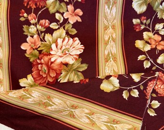 Burgundy Floral Quilting Cotton Fabric: Vintage Rose & Chrysanthemum Border Print, Sold by the yard