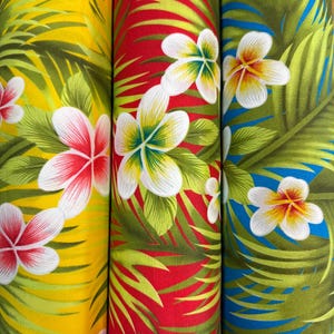 Hawaiian Plumeria Palm Print Fabric by the Yard | 45" Wide | Poly Cotton Blend | Tropical Fabric