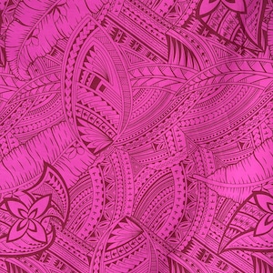 May include: A vibrant magenta fabric featuring a dense, repeating pattern of dark purple Polynesian-inspired motifs. The design includes stylized tropical leaves, geometric shapes, and four-petaled floral elements layered across the surface.