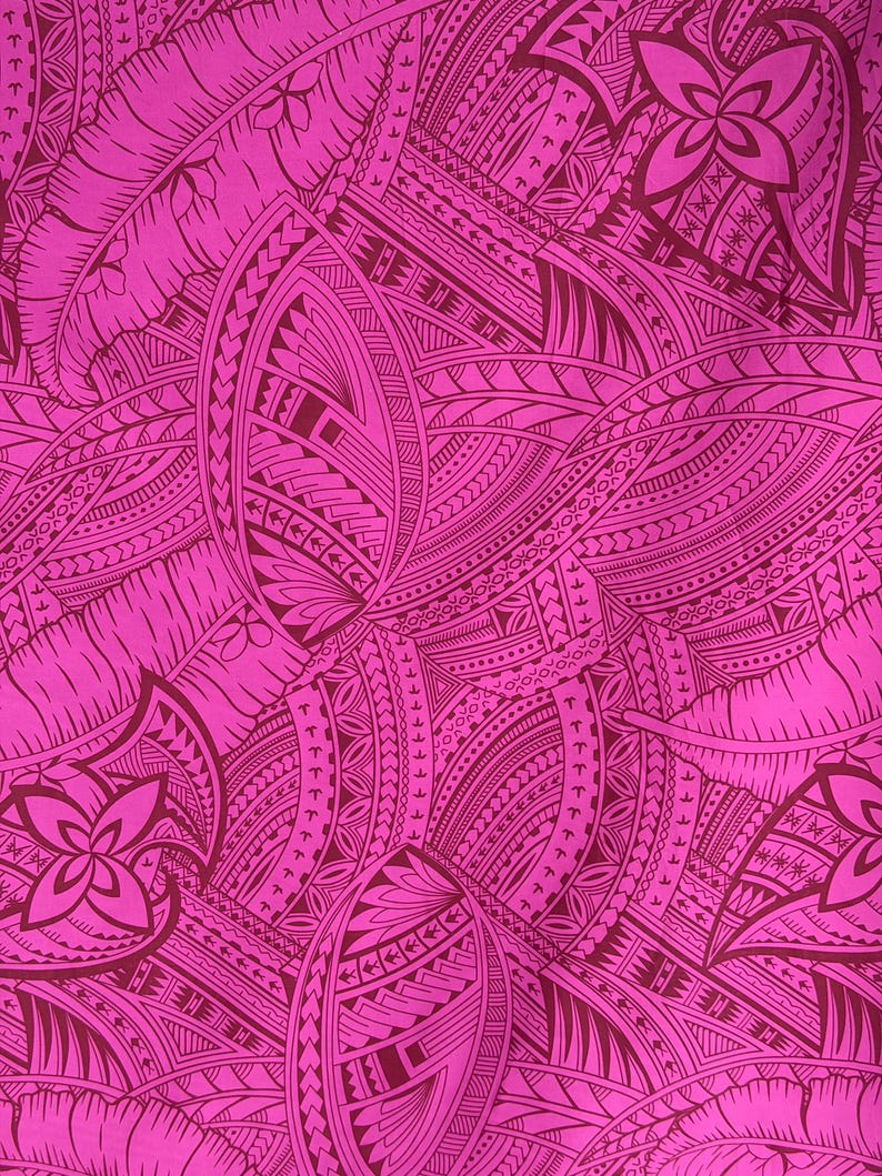 May include: A vibrant magenta fabric featuring a dense, repeating pattern of dark purple Polynesian-inspired motifs. The design includes stylized tropical leaves, geometric shapes, and four-petaled floral elements layered across the surface.