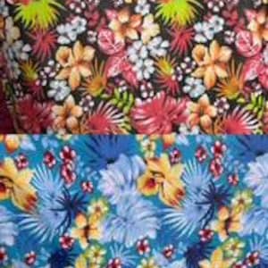 Hawaiian Print Poly Cotton Fabric – Tropical Floral, 60" Wide, Teal or Black Background