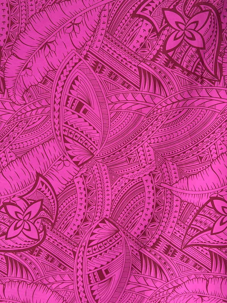 May include: A vibrant magenta fabric featuring a dense, repeating pattern of dark purple Polynesian-inspired motifs. The design includes stylized tropical leaves, geometric shapes, and four-petaled floral elements layered across the surface.
