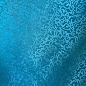 May include: A vibrant turquoise fabric featuring a repeating damask pattern with a subtle sheen. The intricate, swirling scrollwork design is woven into the material, creating a tonal effect where the pattern appears slightly lighter than the base.