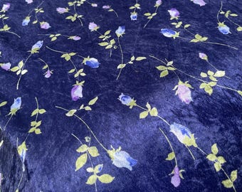 Navy Blue Floral Velvet Fabric: Rosebud Print, Soft Stretch - Sold By the Yard -Deadstock