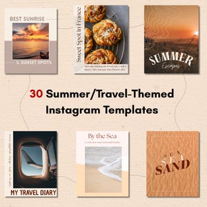 Può includere: Una collezione di 30 modelli Instagram a tema estate e viaggi. I modelli presentano immagini di tramonti, pasticcini, paesaggi, finestrini di aerei, spiagge e sabbia. Il testo include "Best Sunrise", "Sweet Spot in France", "Summer Escapes", "My Travel Diary", "By the Sea" e "Sun Sea Sand".