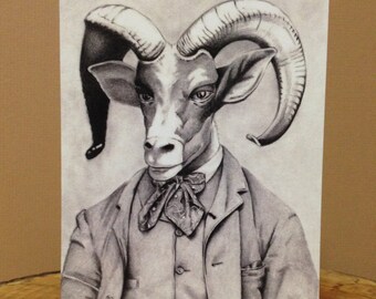 Dapper Ram Greeting Card, Blank inside, 4.25" x 5.5", Animal Art, Fancy, Old Timey, Vintage, Drawing