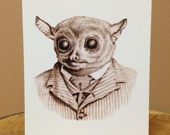 Fancy Tarsier Greeting Card, Blank Inside, 4.25"x5.5", Animal Art, Old Timey, Vintage, Drawing
