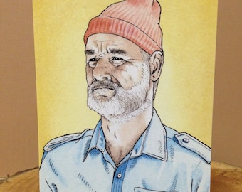Bill Murray greeting card, Life Aquatic with Steve Zissou, Yellow background, Blank inside 4.25" x 5.5", Wes Anderson, Owen Wilson