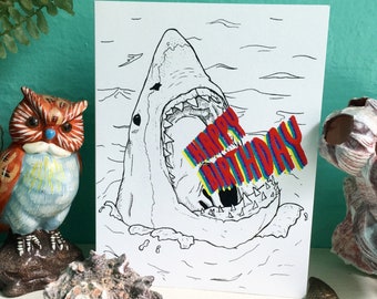 Great White Birthday Card, Shark, 4.25"x5.5", blank inside, ocean, happy birthday, nautical, greetings, rad