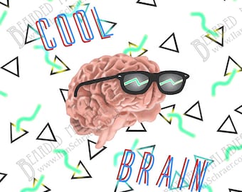 Cool Brain Art Print, 8"x8", sunglasses, rad, neon, 90s, 80s, shades, retro pattern, design, graduation