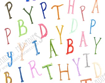 Birthday Jumble, Birthday Card, 4.25"x5.5", Blank Inside, Letters, Watecolor