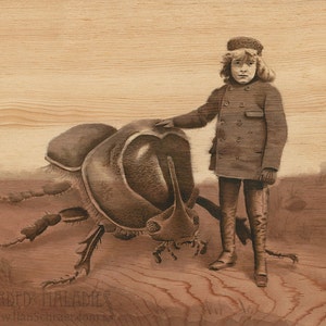 Boy with Companion, insect art print, 8&quot;x10&quot;, vintage cabinet card, portrait, rhinoceros beetle, illustration, dark academia