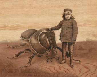 Boy with Companion, insect art print, 8"x10", vintage cabinet card, portrait, rhinoceros beetle, illustration, dark academia