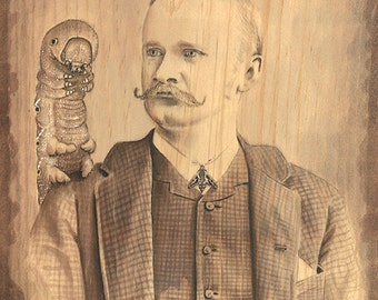 J. Titus Bloemkamp and Mr. Marvelous, insect art print, 8"x10", ink painting, hornworm, caterpillar, mustache, dark academia