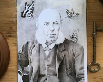 Old Man with Butterflies Greeting Card, 4.25"x5.5", Blank Inside, muttonchops, vintage, portrait, cabinet card