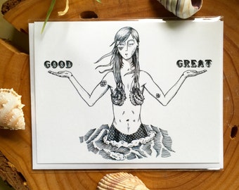 Nautical Greetings, Mermaid Greeting Card, 4.25"x5.5", Blank inside, Good, Great, underwater, ocean, sea