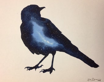 Cosmic Bird, original watercolor painting, 5"x7", stars, galactic, galaxy space art