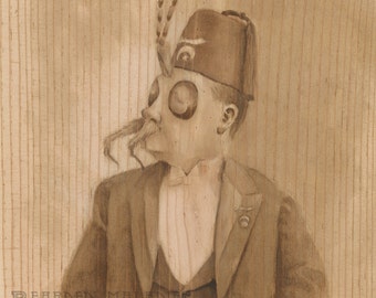 Shriner Fly Guy Art Print, "Portrait of a Prospective Potentate", 8"x8", ink painting on wood, Dark academia