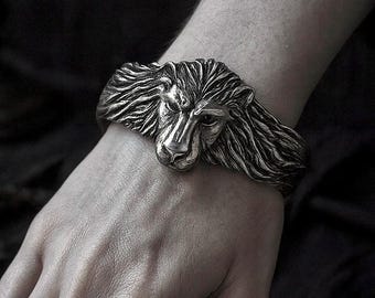 Sterling Silver Lion Head Cuff Bracelet - Handmade Unisex Jewelry, Leo Zodiac Bangle, Gothic Style