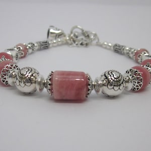 Handmade 925 Sterling Silver Bracelet, Genuine Rhodochrosite Semi-Precious Gemstone, Natural Color, Unique Design, Adjustable Length