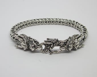 Sterling Silver Men's Dragon Head Bracelet: Handwoven Byzantine Chain, Bold & Mystical Design
