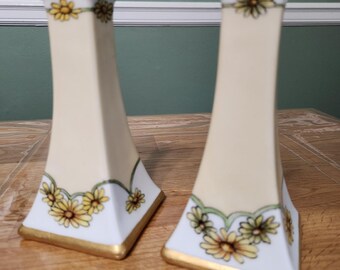 Antique FAVORITE BARVARIA Porceline Daisy Flowers Candlestick Holders