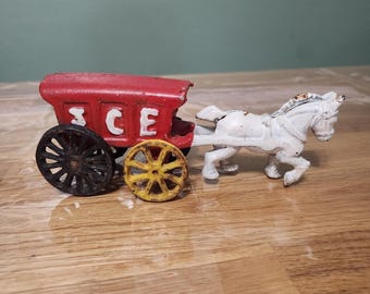 Vintage Cast Iron Horse and Cart Red Ice Cart Wagon White Letters