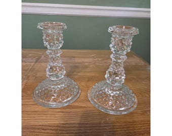 Vintage Fenton Clear Glass Hobnail 6" Candleholder Set of 2