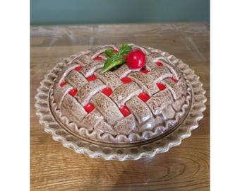 Vintage Ceramic Cherry Pie Keeper Server - Dish & Lid w/ Cherry Lattice Design