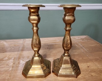 Vintage Solid Brass Candlestick Holders 7.5" Pair Square Base