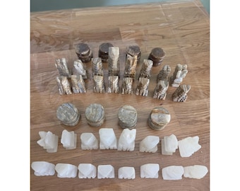 Vintage Hand Carved Mexican Aztec Stone Onyx Chess Checker Complete Set Of 56
