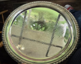 VINTAGE Leonard Silverplate 12" Round Etched Serving Tray Platter Plate