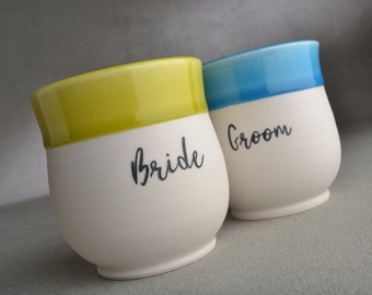 Bride Groom Toasting Glasses For Weddings Porcelain Ceramic Keepsake Cups by Symmetrical Pottery