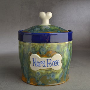 Personalized Dog Treat Jar Blue and Green Drippy Ceramic Pet Container Made To Order by Symmetrical Pottery