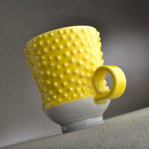 Lola Dottie Coffee Cup Ready To Ship Yellow Gray Dottie Tea Cocoa Mug by Symmetrical Pottery