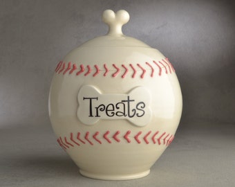 Personalized Baseball Dog Treat Jar Urn Ceramic Pet Container Made To Order by Symmetrical Pottery