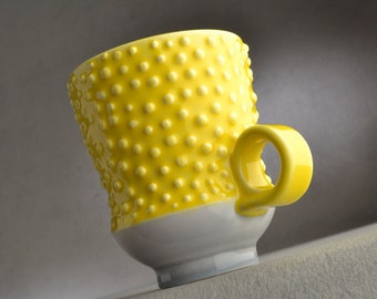 Lola Dottie Coffee Cup Ready To Ship Yellow Gray Dottie Tea Cocoa Mug by Symmetrical Pottery