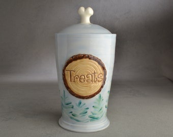 Woodland Dog Treat Jar Ready To Ship  Pet Biscuit Jar by Symmetrical Pottery