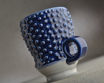 Lola Dottie Coffee Cup Ready To Ship Dark Blue Dottie Tea Cocoa Mug by Symmetrical Pottery