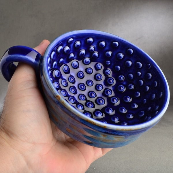 Dottie Shaving Bowl Made To Order Chawan Dottie Dark Blue Starry Night Shaving Bowl With Handle by Symmetrical Pottery