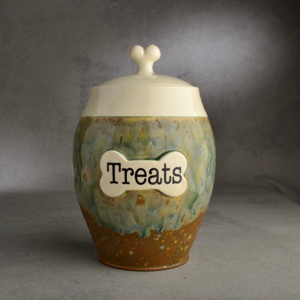 Personalized Dog Treat Jar Green Drippy Ceramic Pet Container Made To Order by Symmetrical Pottery