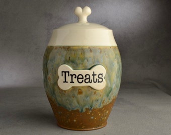 Personalized Dog Treat Jar Green Drippy Ceramic Pet Container Made To Order by Symmetrical Pottery