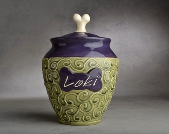 Personalized Dog Treat Jar Green and Purple Ceramic Pet Jar Container Made To Order by Symmetrical Pottery