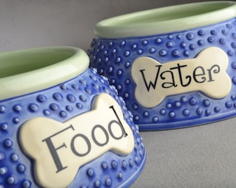 Personalized Spaniel Dog Bowl Set Long Ear Dottie Ceramic Pet Dishes Made To Order by Symmetrical Pottery